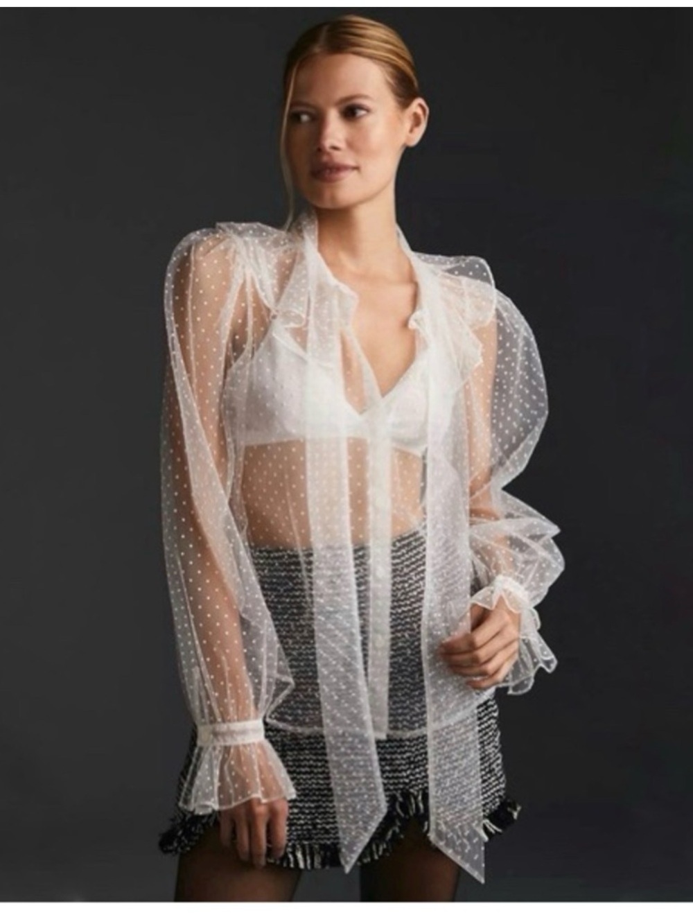 Dolan Sheer White Polka Dot blouse anthologies 
Tie~neck Size S